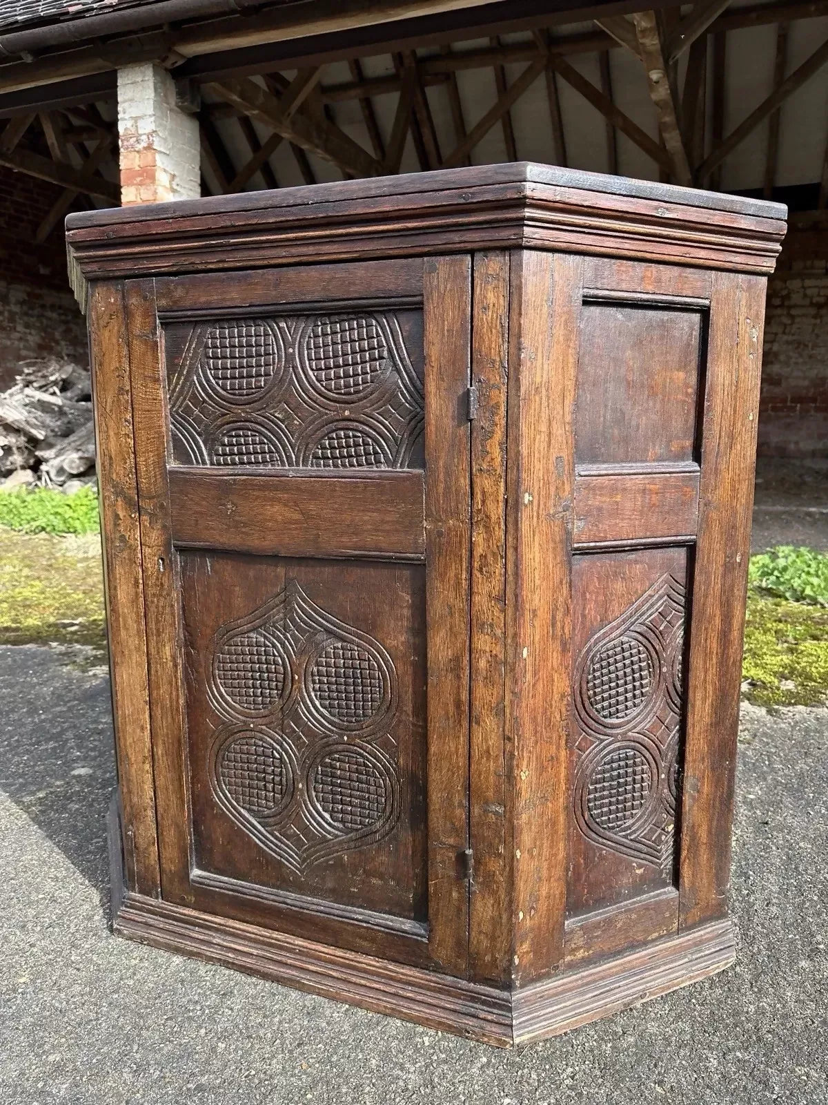 Antique Ecclesiastical Carved Oak Corner Kitchen Pantry Storage Cupboard