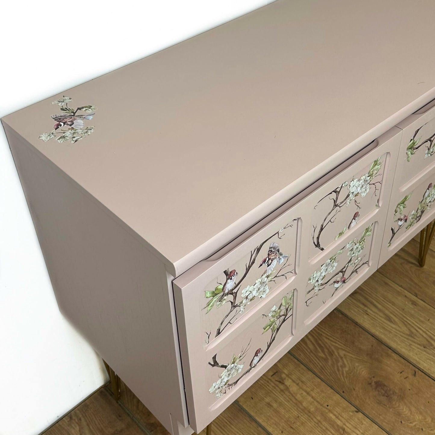 Refurbished Nathan sideboard, TV unit, pale dusky pink, blossom flight, birds, country cottage, mid century, vintage console table, cupboard