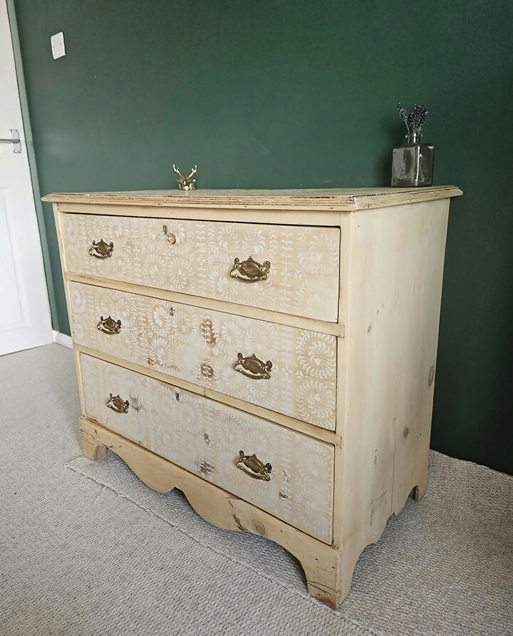 Antique Pine Chest of Drawers with stencils , three large drawers