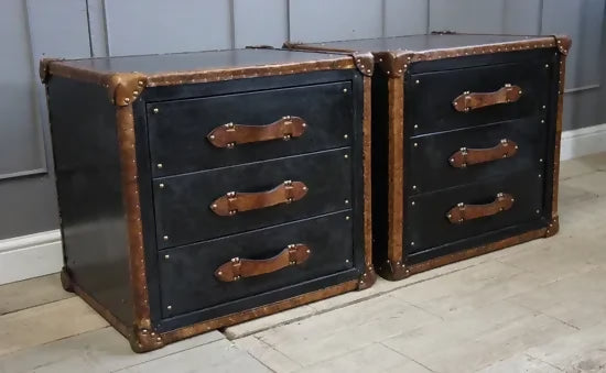 Black Leather & Tan Leather Bedside Drawers
