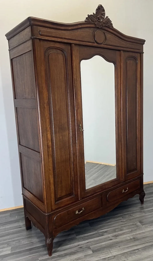 Wardrobe Antique French Style Oak Mirrored Door Carved Armoire LOT 4796