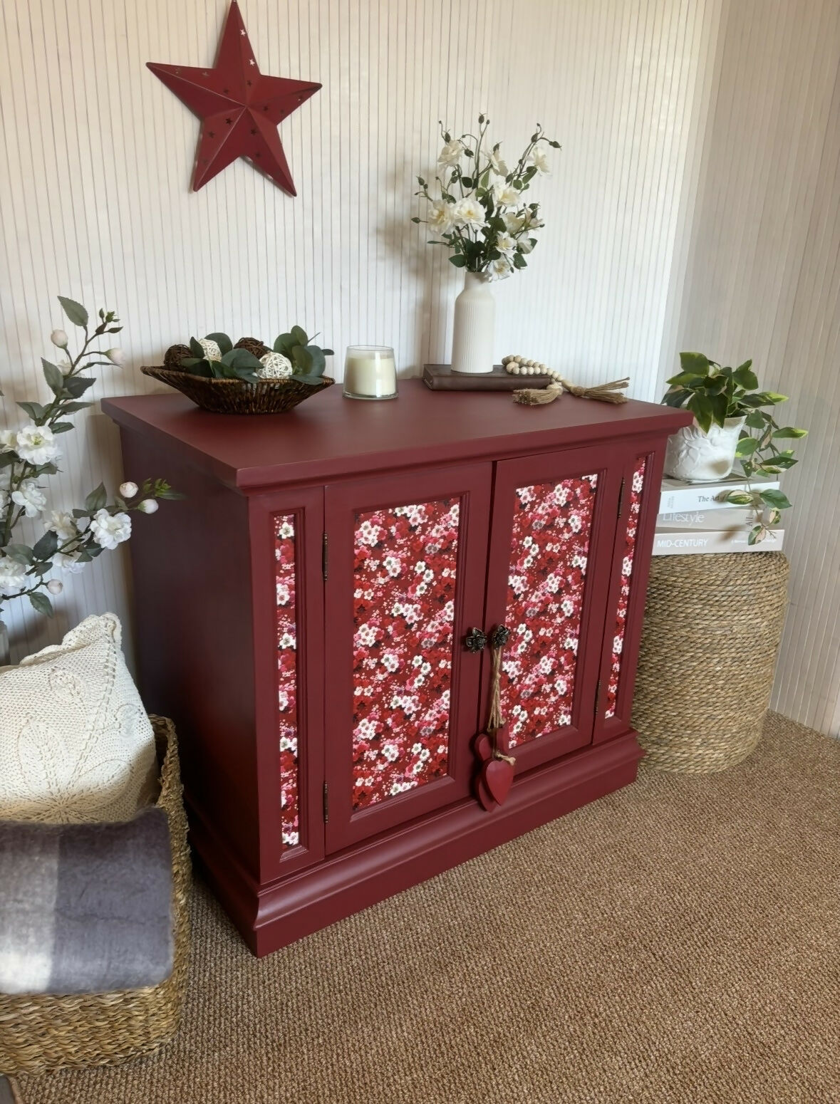 Cabinet Refinished in Red with Floral Decoupage