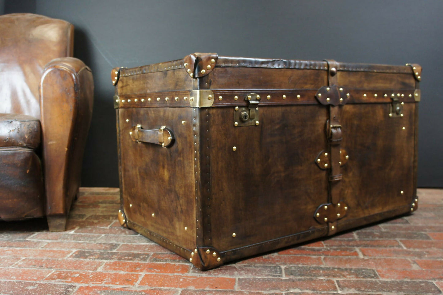 Handmade handcrafted luxury belted coffee table trunk