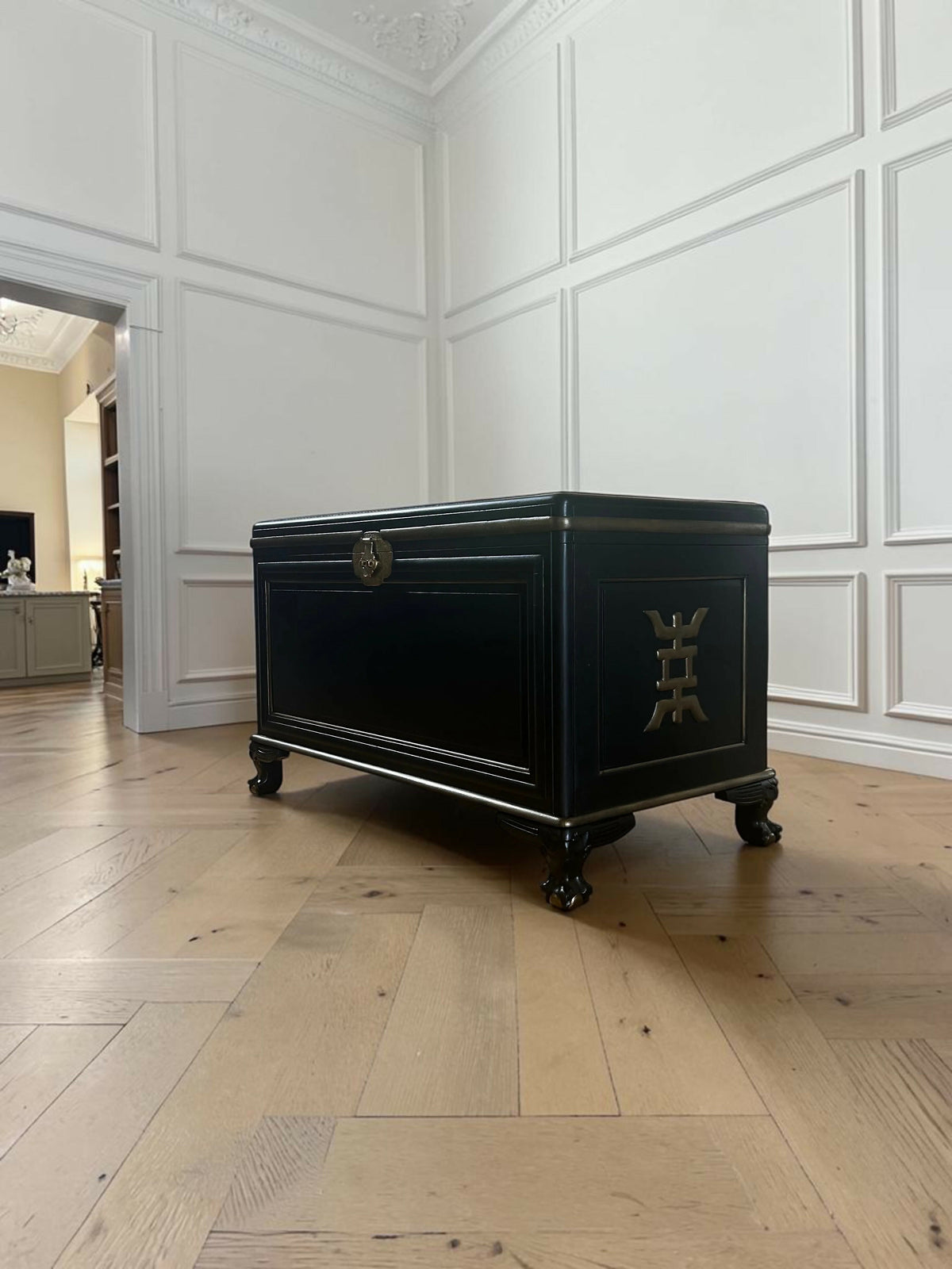 Ottoman. Antique Oriental storage Chest. Black and gold. Handpainted.