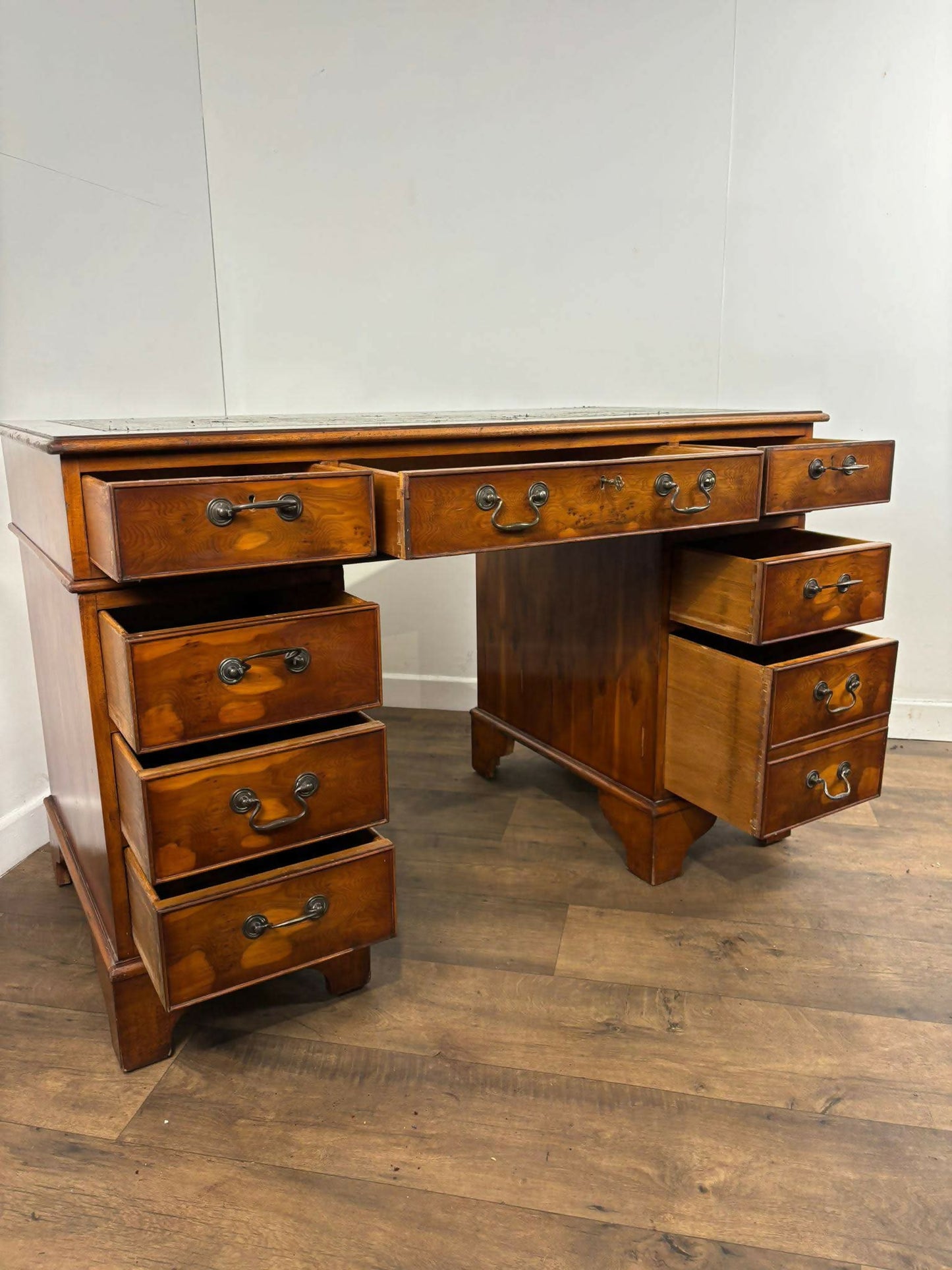 Reproduction Yew Wood Twin Pedestal Desk