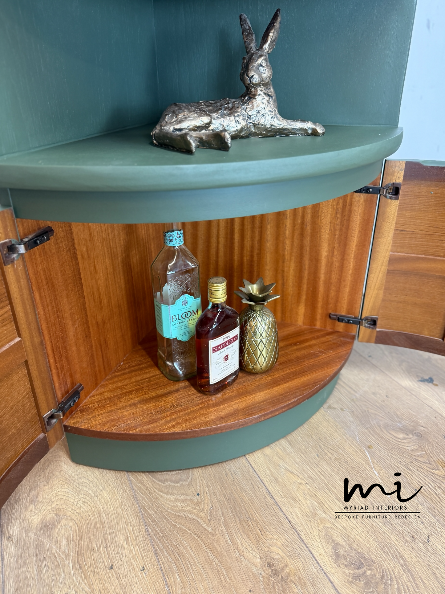Refinished Nathan deep olive and neutral floral corner cabinet, cupboard, sideboard, shelves drinks cabinet