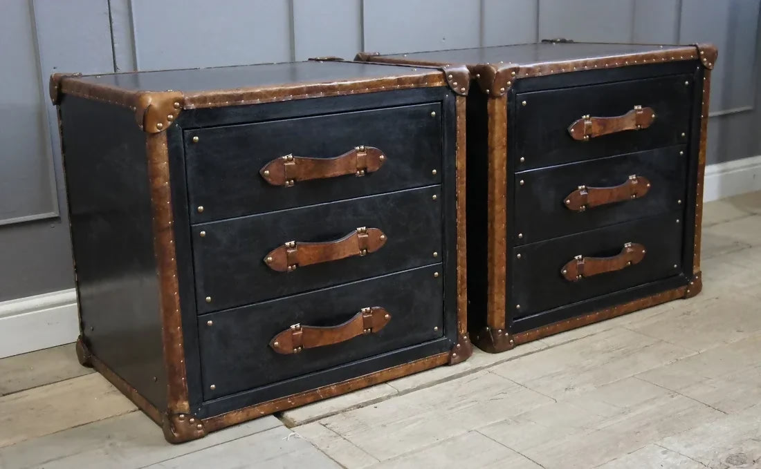 Black Leather & Tan Leather Bedside Drawers
