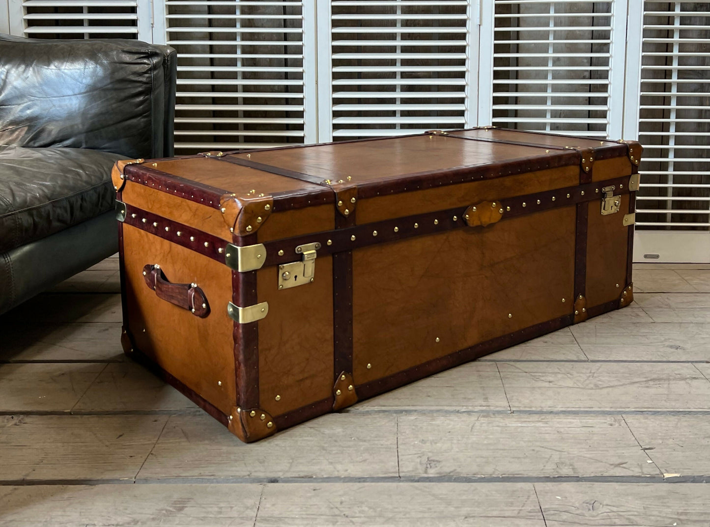Luxury Handmade Tan Leather Coffee Table Trunk bespoke order for bridle