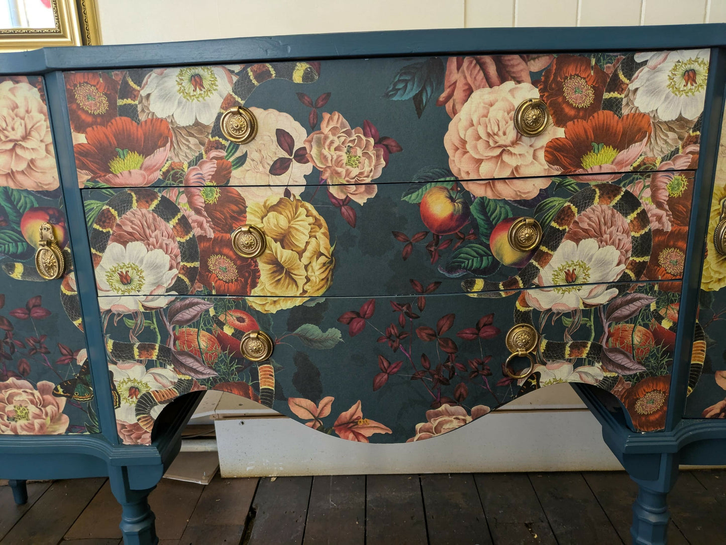 Strongbow Vintage Sideboard Dresser Painted Upcycled Dark Teal Floral Snake Print Commission Piece