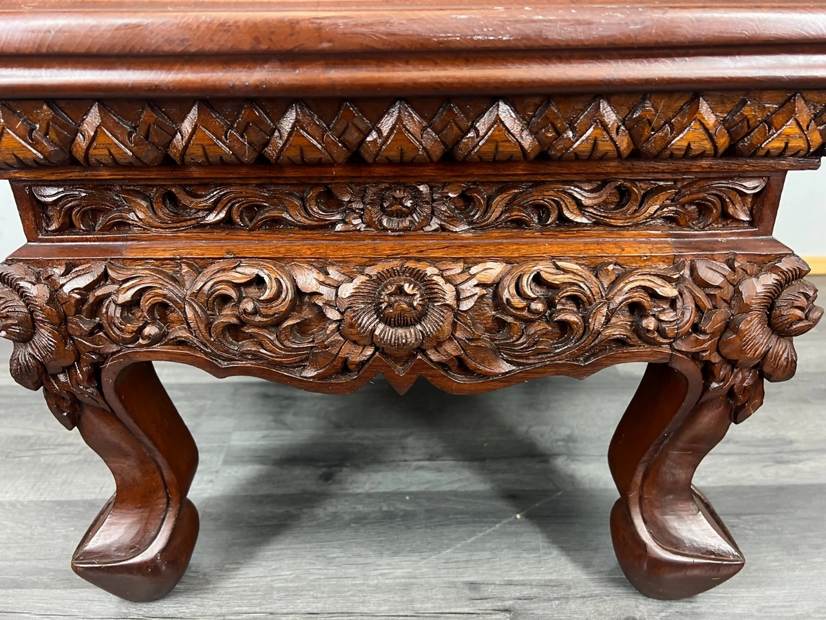 Plant Stand Chinese Mahogany Hand Carved Design Glass Top Coffee Table LOT 24327