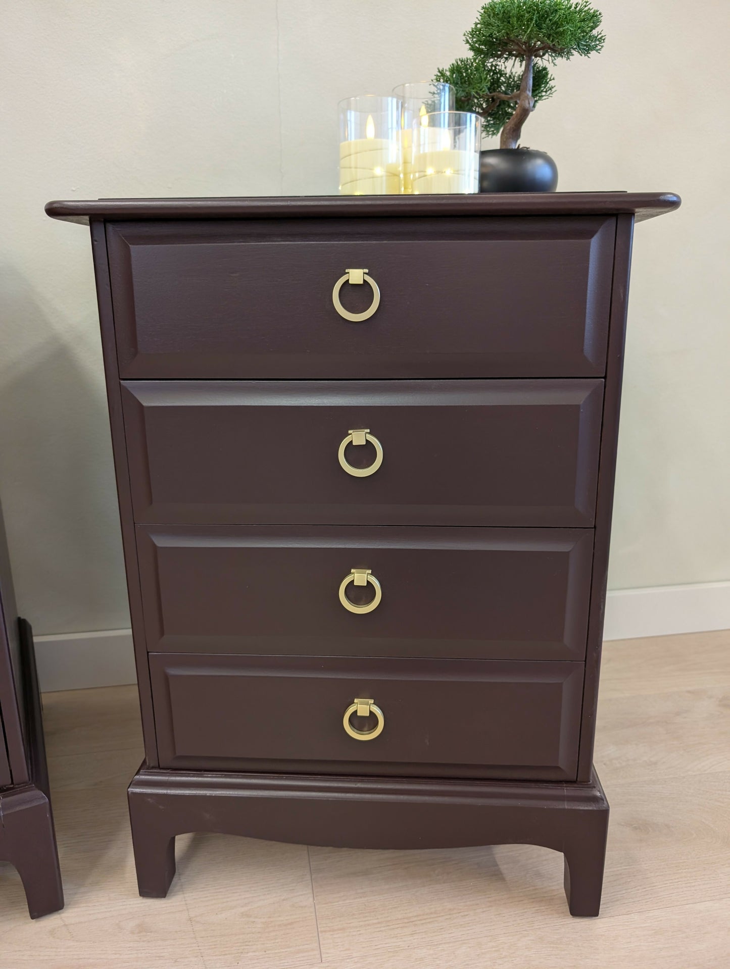 Pair of Stag Minstrel Bedside Tables Mid Century Burgundy Vintage 4 Drawer
