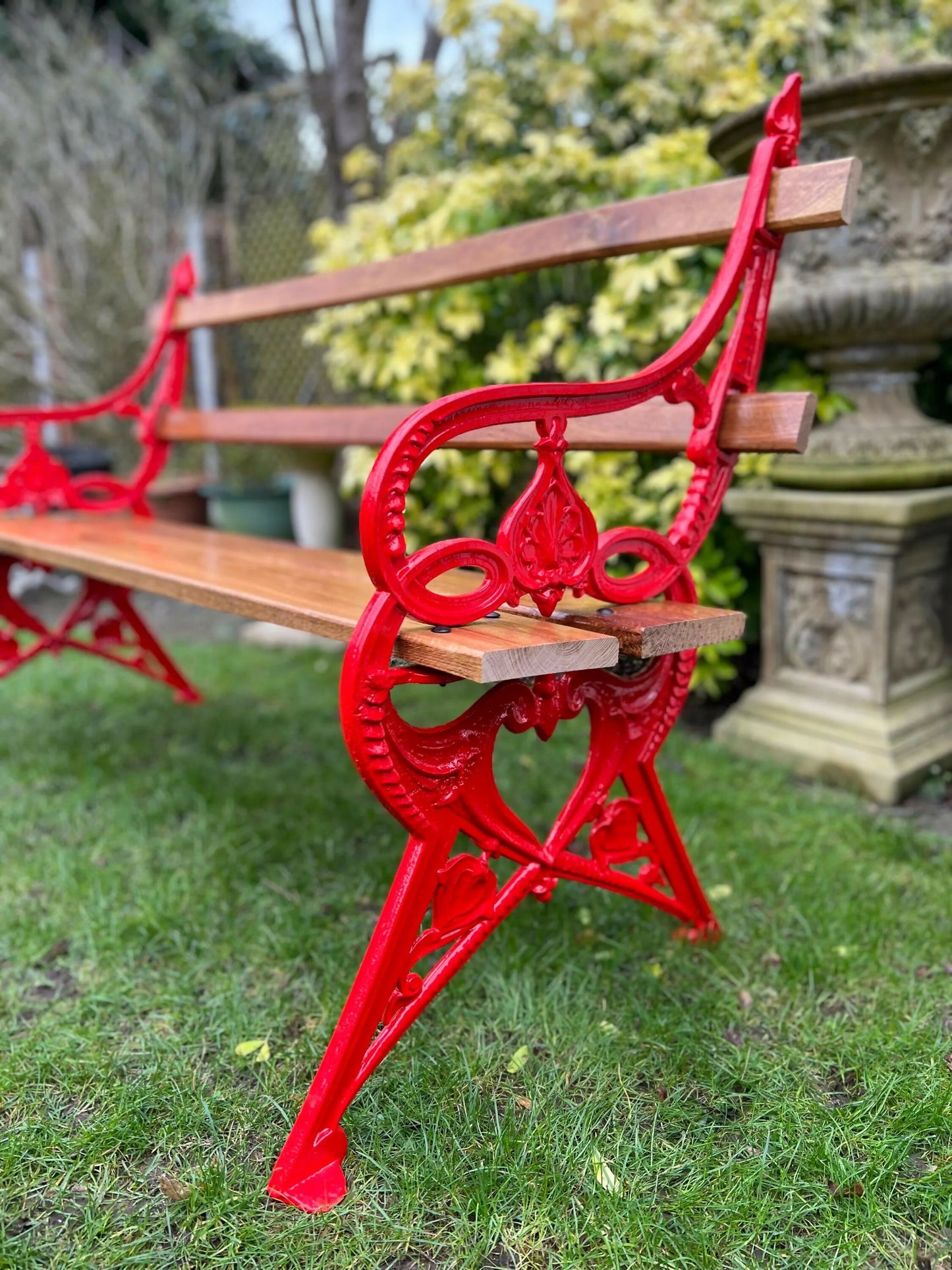 Ornate Red Garden Bench with Oak Planks