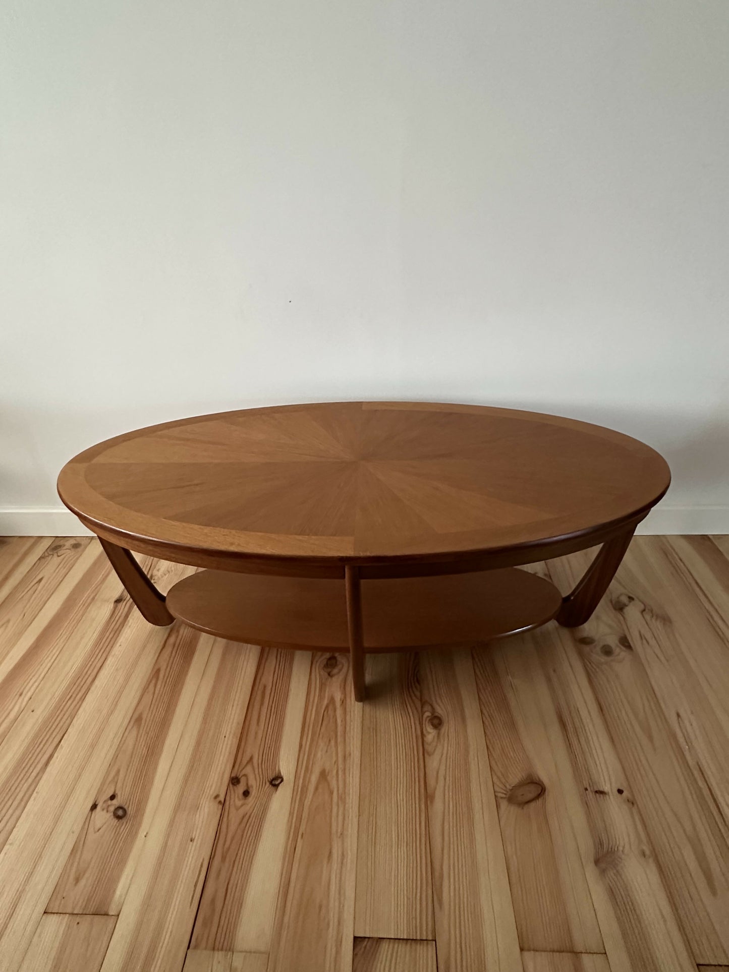 Mid Century Teak Coffee Table Nathan Oval Sunburst Top