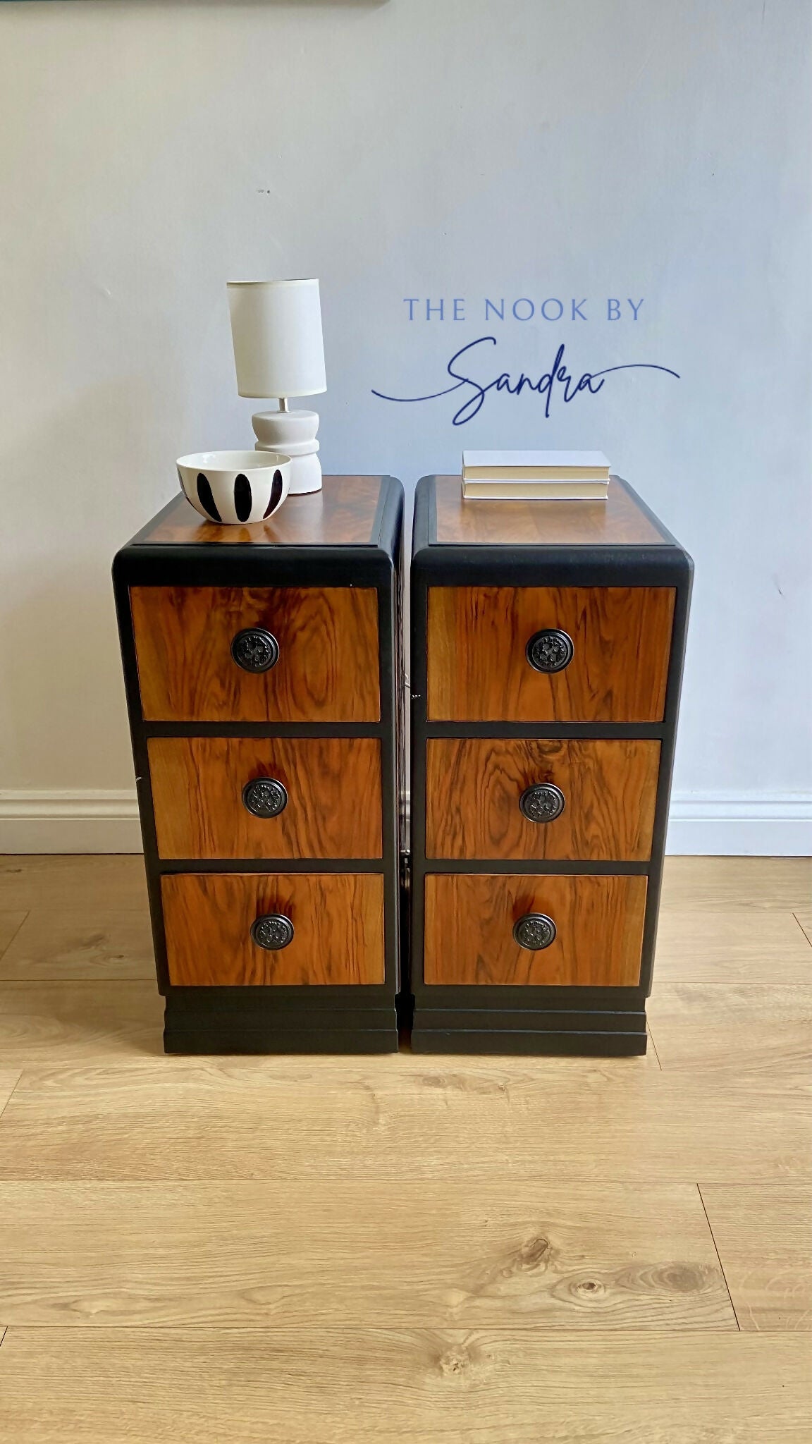 Upcycled Nightstands Set -Rustic Wood &Black | 3 Drawers Bedside Cabinets