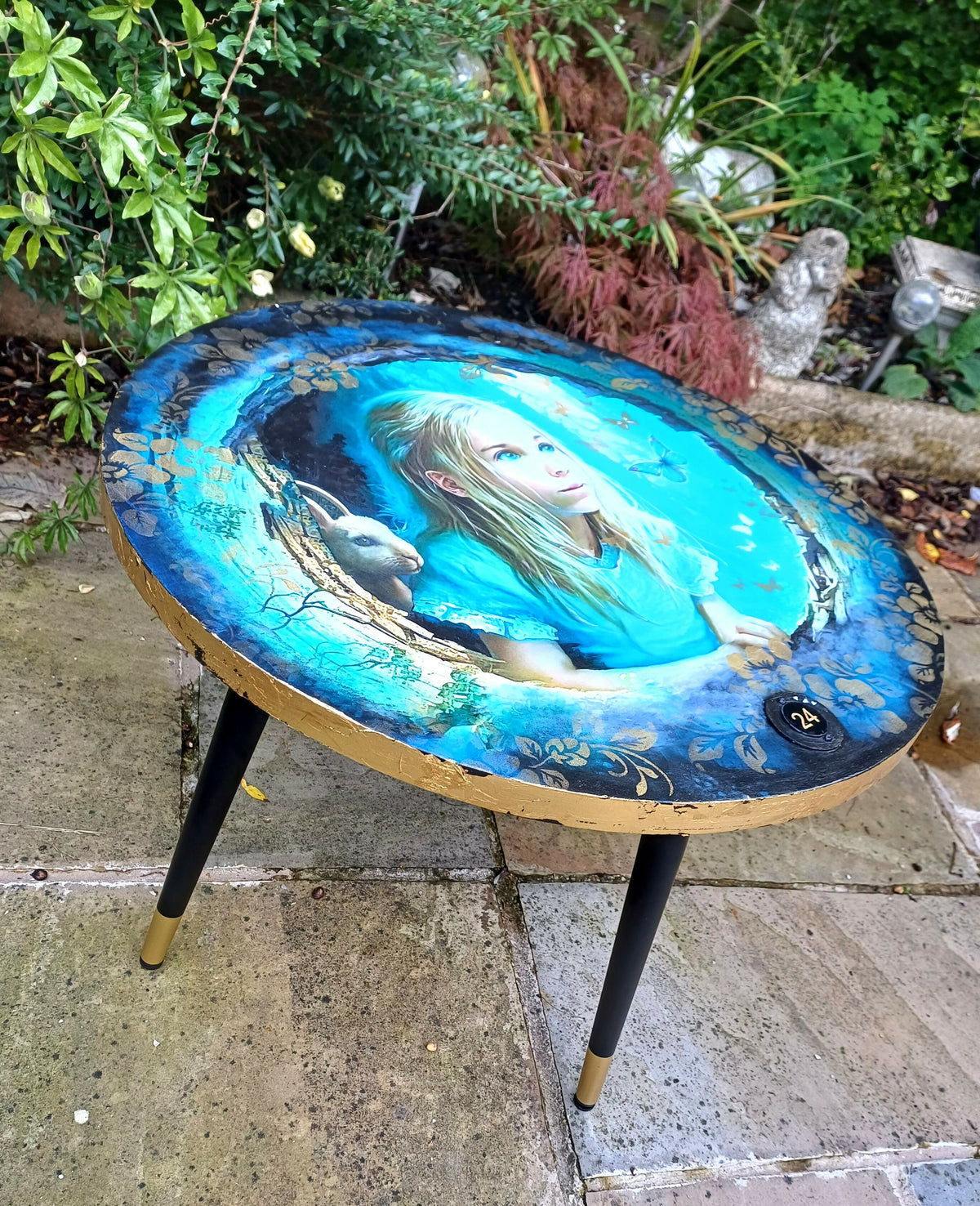 Decoupaged Alice in the Rabbit Hole Coffee Table Upcycled from Old Bar Table