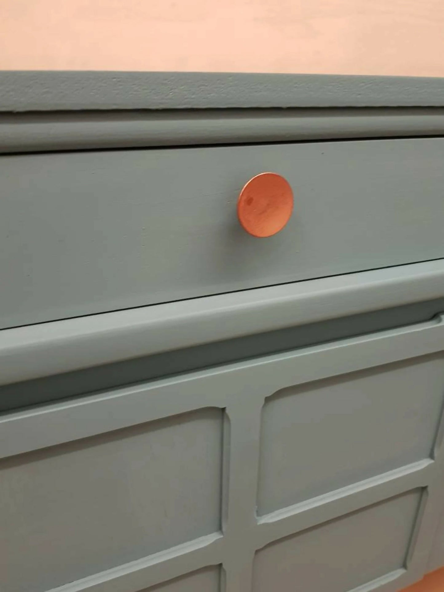 Painted Upcycled Teak Nathan Midcentury Sideboard. Grey Blue and Copper. Copper Pin Legs. Commission piece.