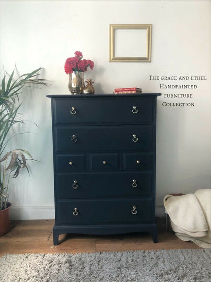 stag navy tall boy chest of drawers