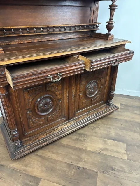 19th Century French Renaissance Style Carved Oak Buffet Sideboard / Cabinet