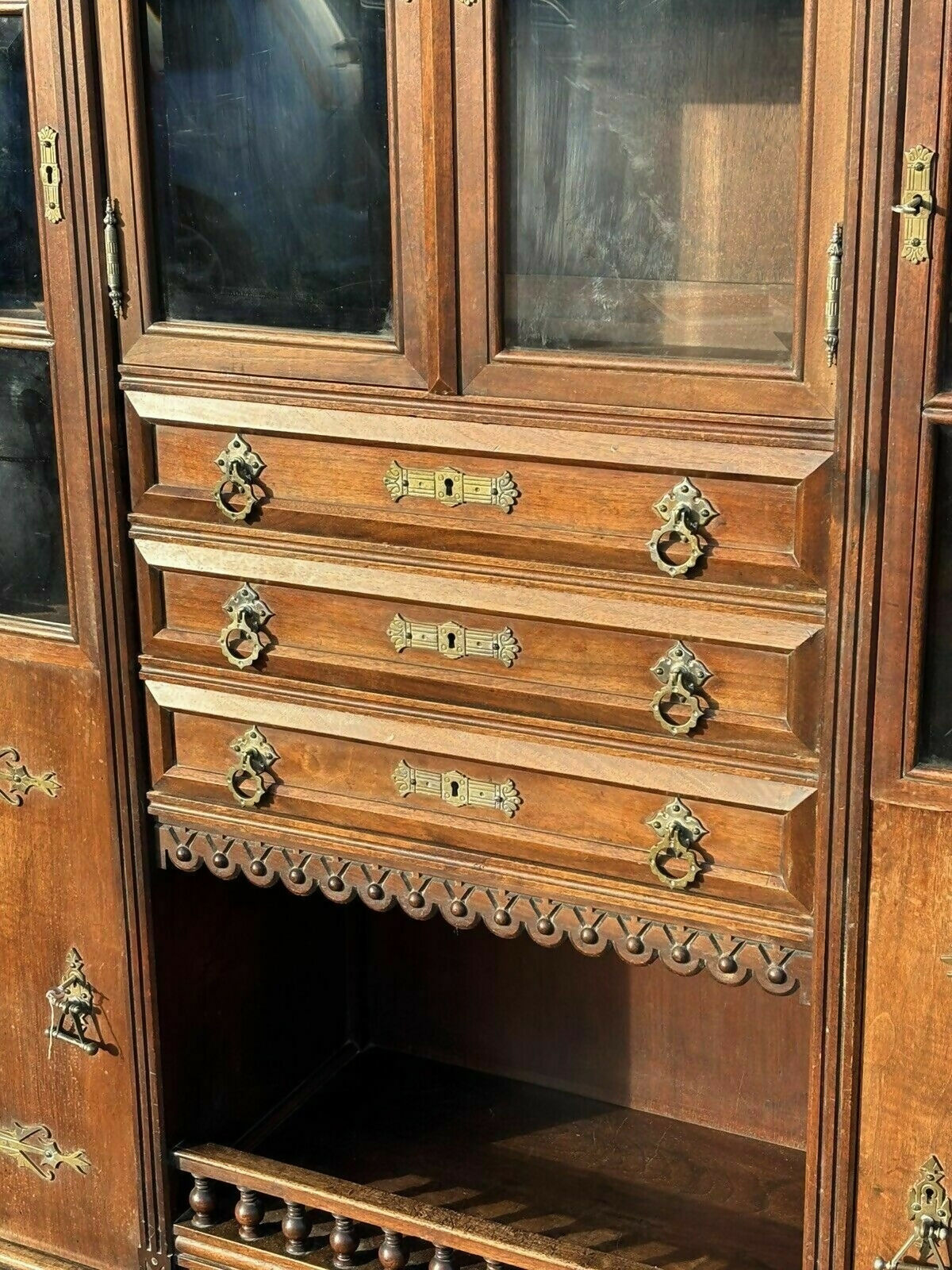 Arts & Crafts French Walnut Bookcase / Cupboard With Fitted Shelves & Drawers