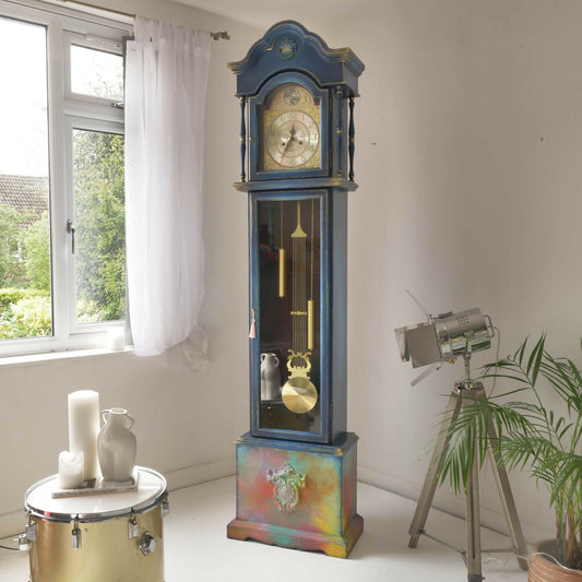 Grandfather Clock- Painted Blue Clock - Abstract- Colourful - Bespoke-Vintage Art