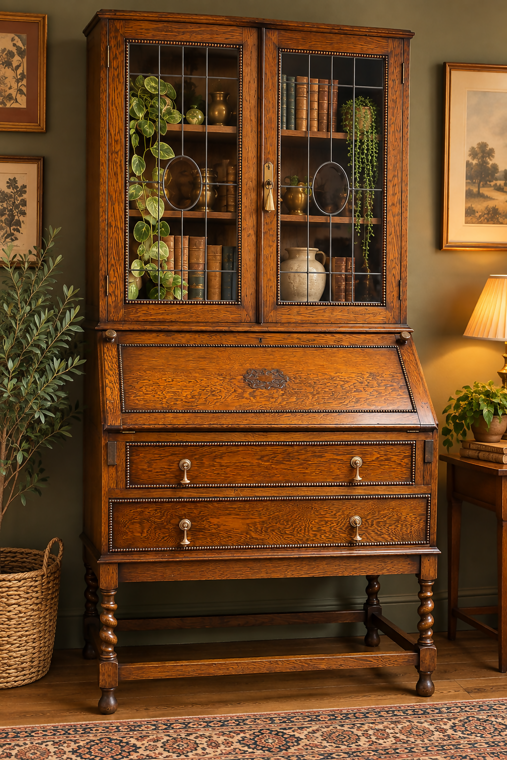 Antique Jacobean style glazed bureau bookcase