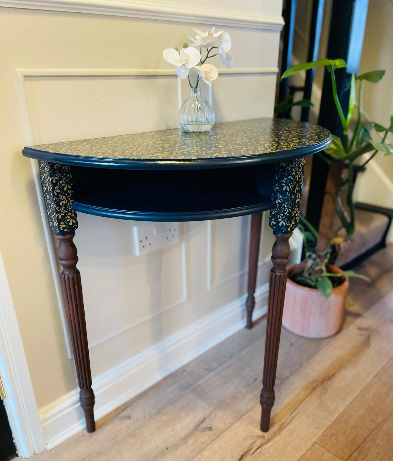 Half Moon Hall Table Upcycled/Refurbished Blue and Gold