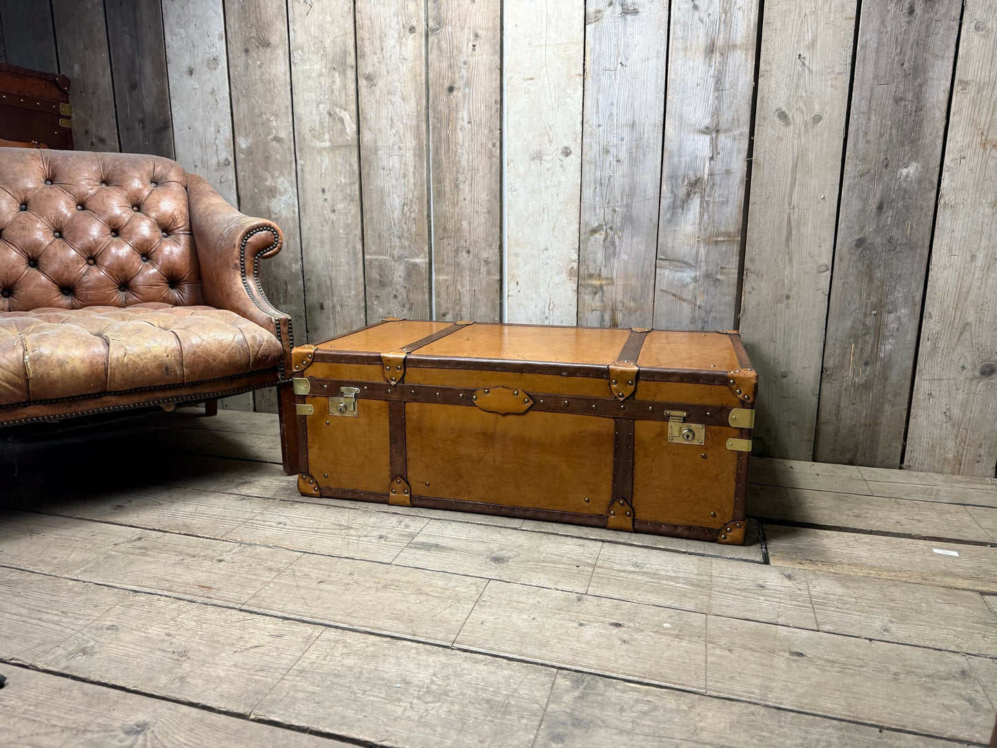 XL Tan Leather English Coffee Table Trunk