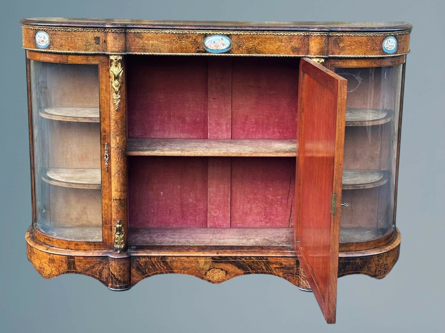 Victorian Inlaid Walnut Credenza Featuring Sevres Style Plaques