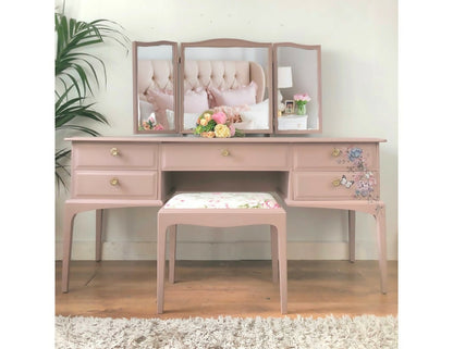 Vintage stag minstre pink floral dressing table, vanity table, pink, pink furniture, bedroom furniture, modern,mirror,stool,