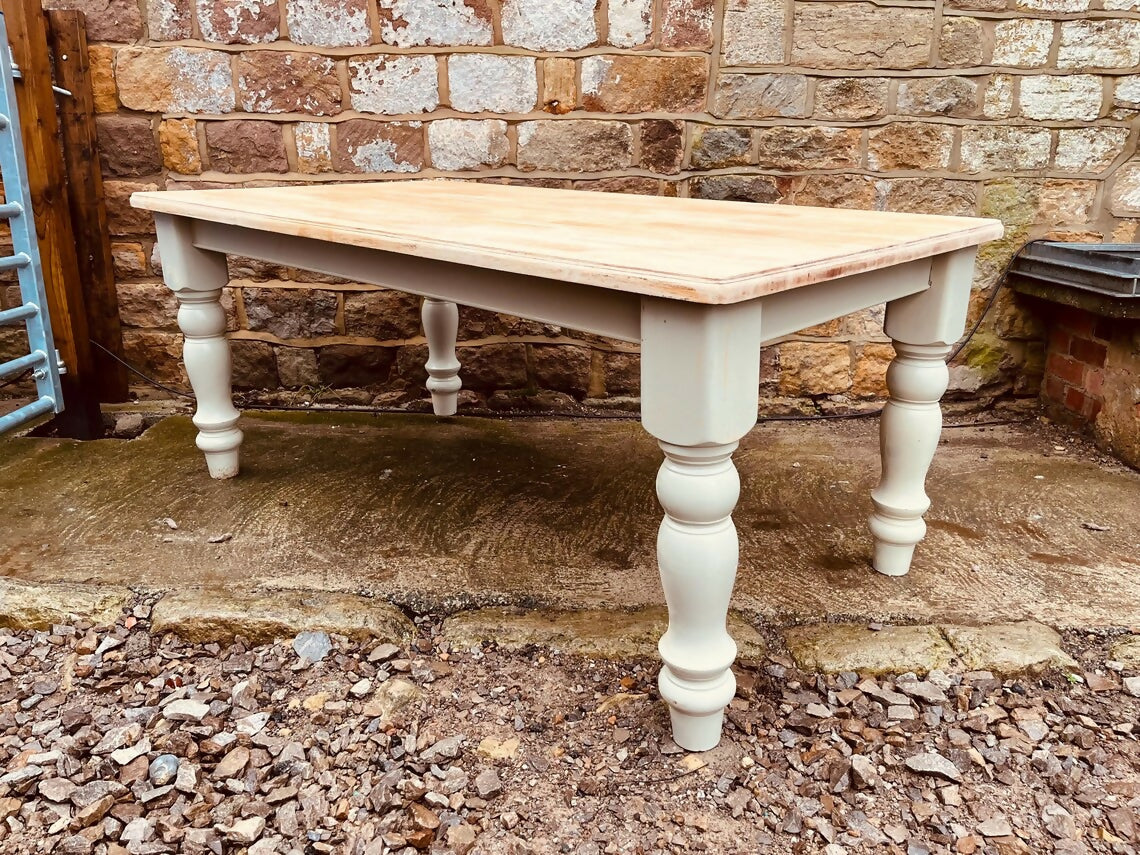 Solid Farmhouse Dining Table | Hand-Finished Painted Base & Natural Wood Top | Rustic Country Kitchen Table