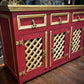 Vintage Chinoiserie Eastern Style Red & Gold Sideboard With Lattice Doors & Lined Interior