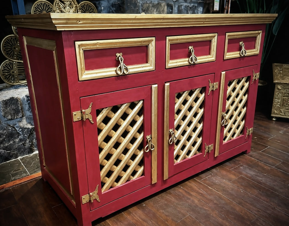 Vintage Chinoiserie Eastern Style Red & Gold Sideboard With Lattice Doors & Lined Interior