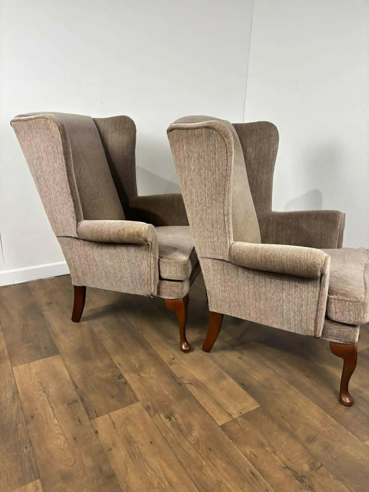 Pair of Matching Wingback Fireside Chairs On Cabriole Supports