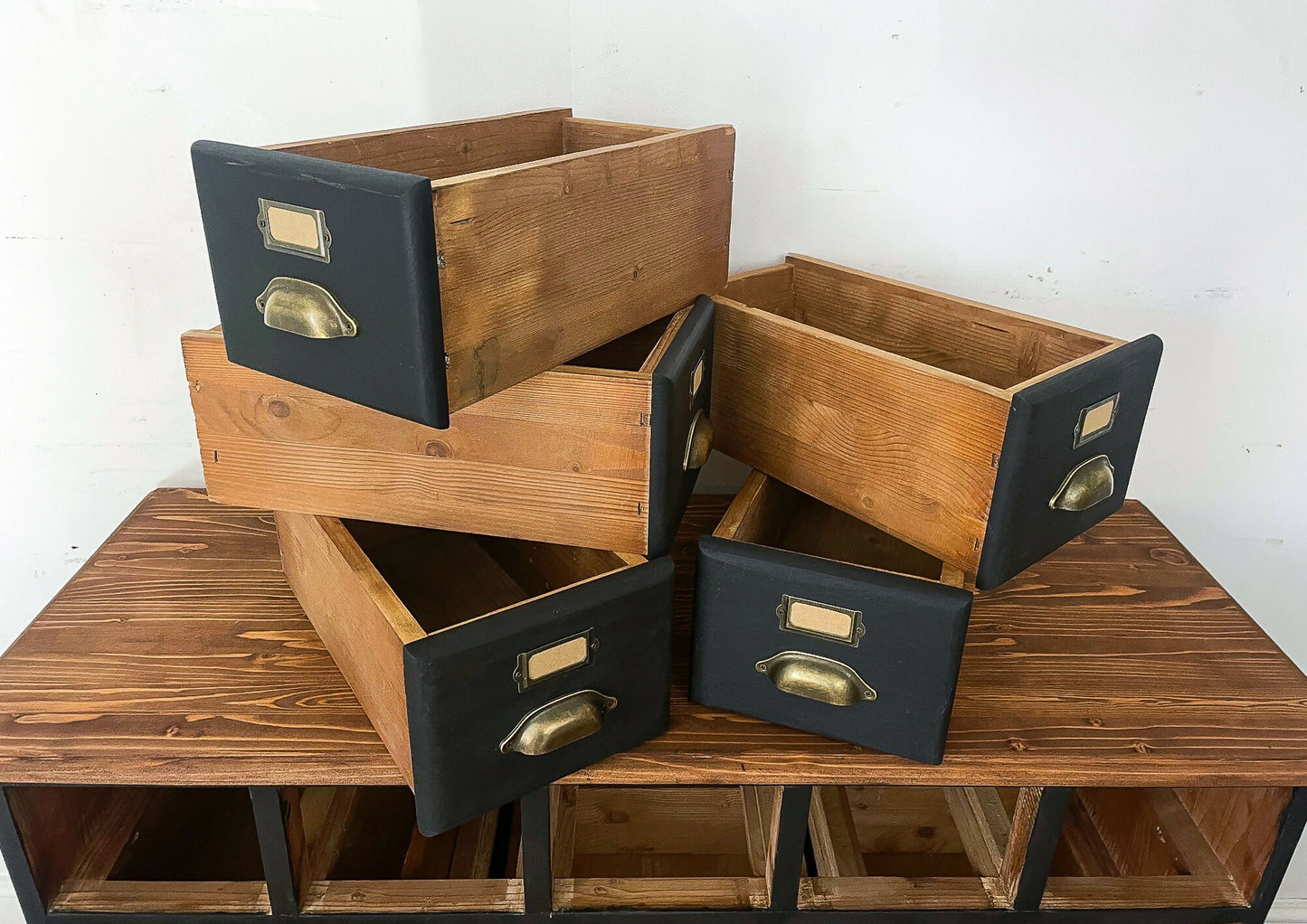 4ft Apothecary haberdashery "style" merchant bank chest of drawers sideboard Solid pine ebonized black x13 drawers