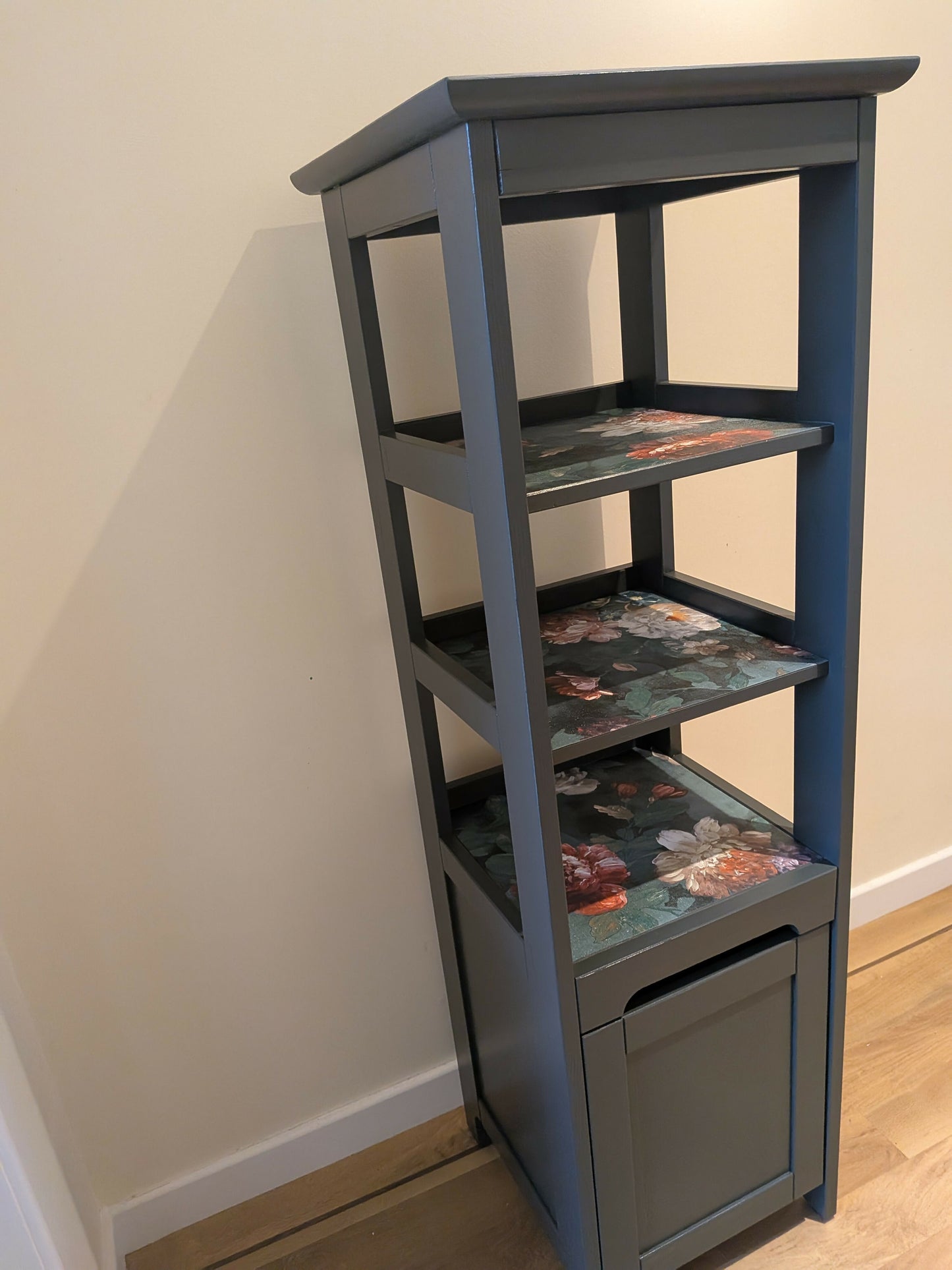 Dark green tall shelves and storage