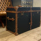 Vintage English Black Millerain Canvas & Tan Leather Coffee Table Trunk