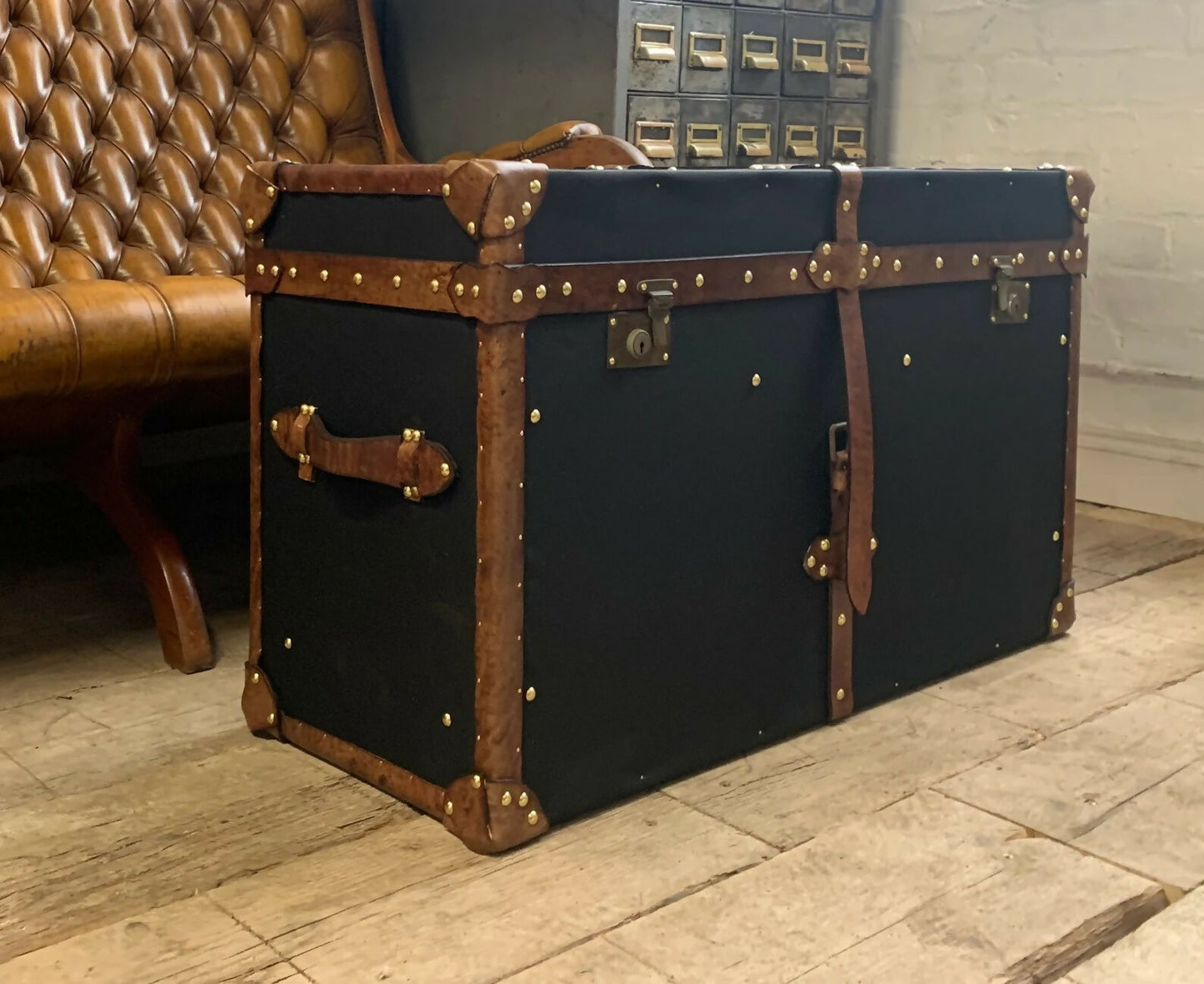 Vintage English Black Millerain Canvas & Tan Leather Coffee Table Trunk