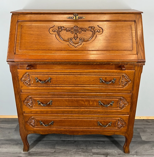 Secretaire Writing Desk Vintage French Oak Bureau Carved Cabinet LOT 3755