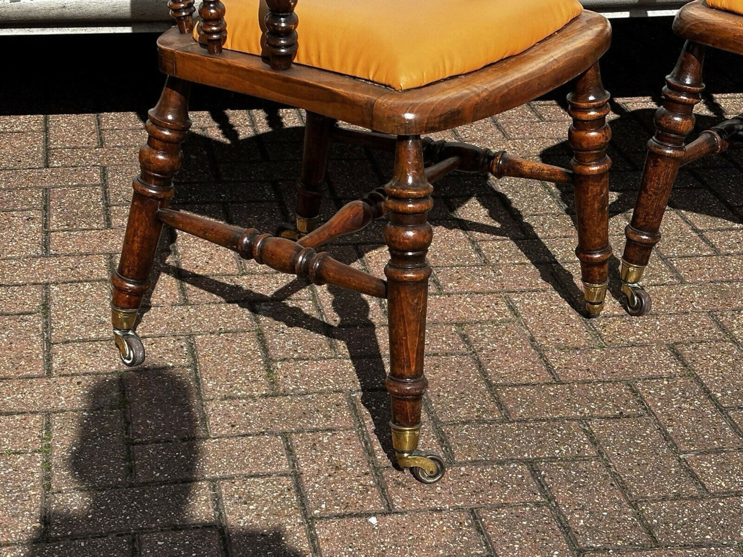 Victorian Vintage Pair Of Library Armchairs, On Brass Castors, Good Quality Examples.