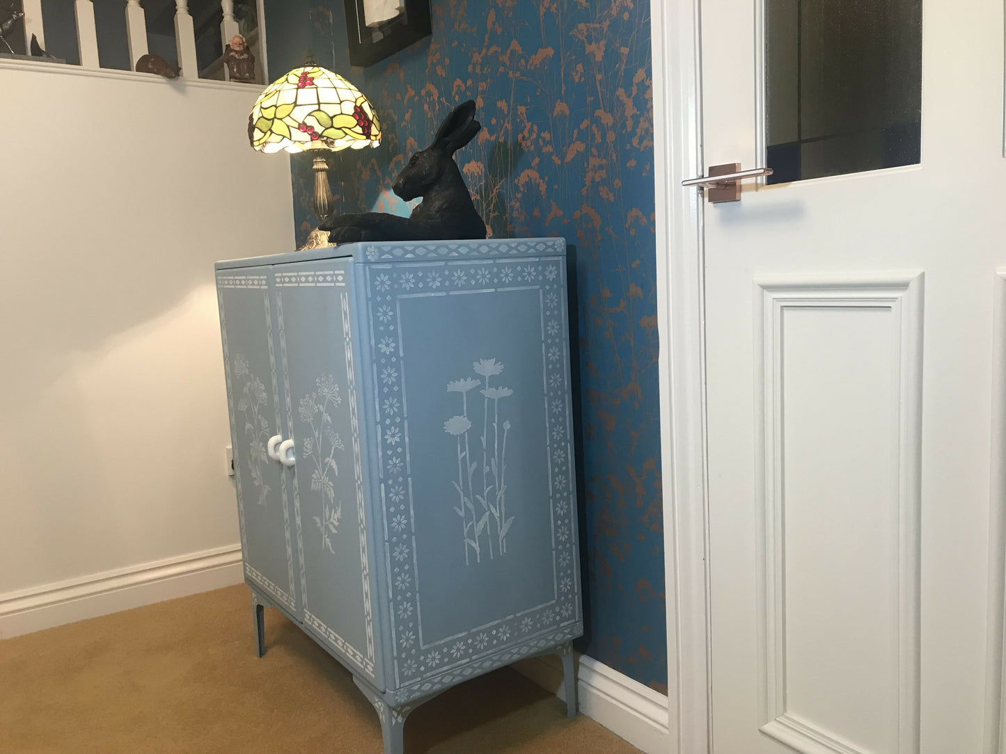 Painted Cupboard - Swedish Blue with Faux Bone Stencilling