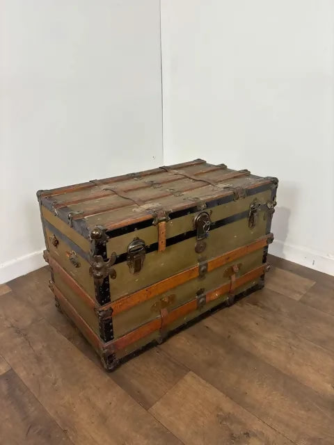 Victorian Oak Bound Travellers Trunk – Steamer Trunk with Original Travel Labels