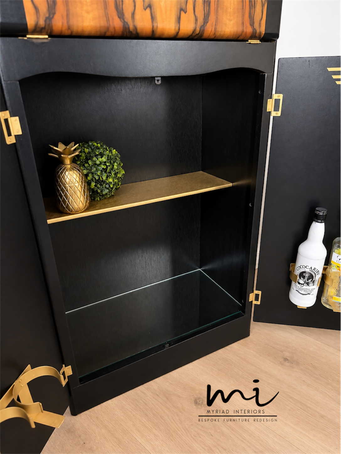 Refinished Art Deco Burl Walnut Cocktail Cabinet In Black With Gold Design. 1930s drink cabinet. Gin bar. Refurbished. sideboard slim narrow