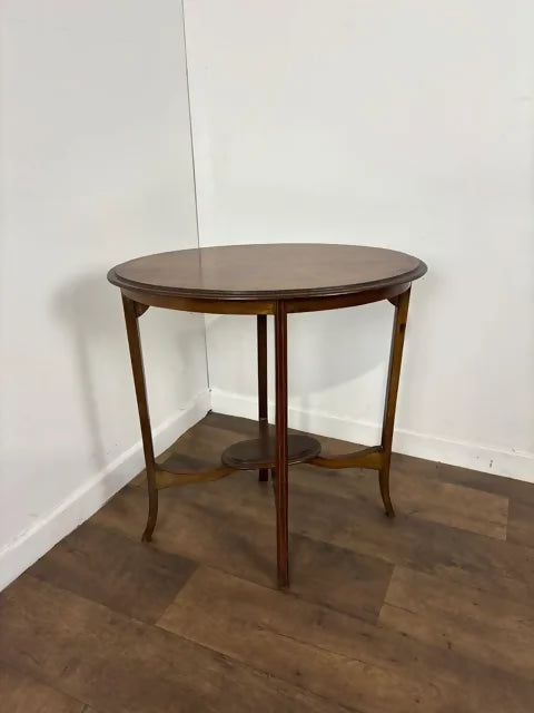 Edwardian Oval Mahogany Inlaid Occasional Table with Inlaid Stretcher Base