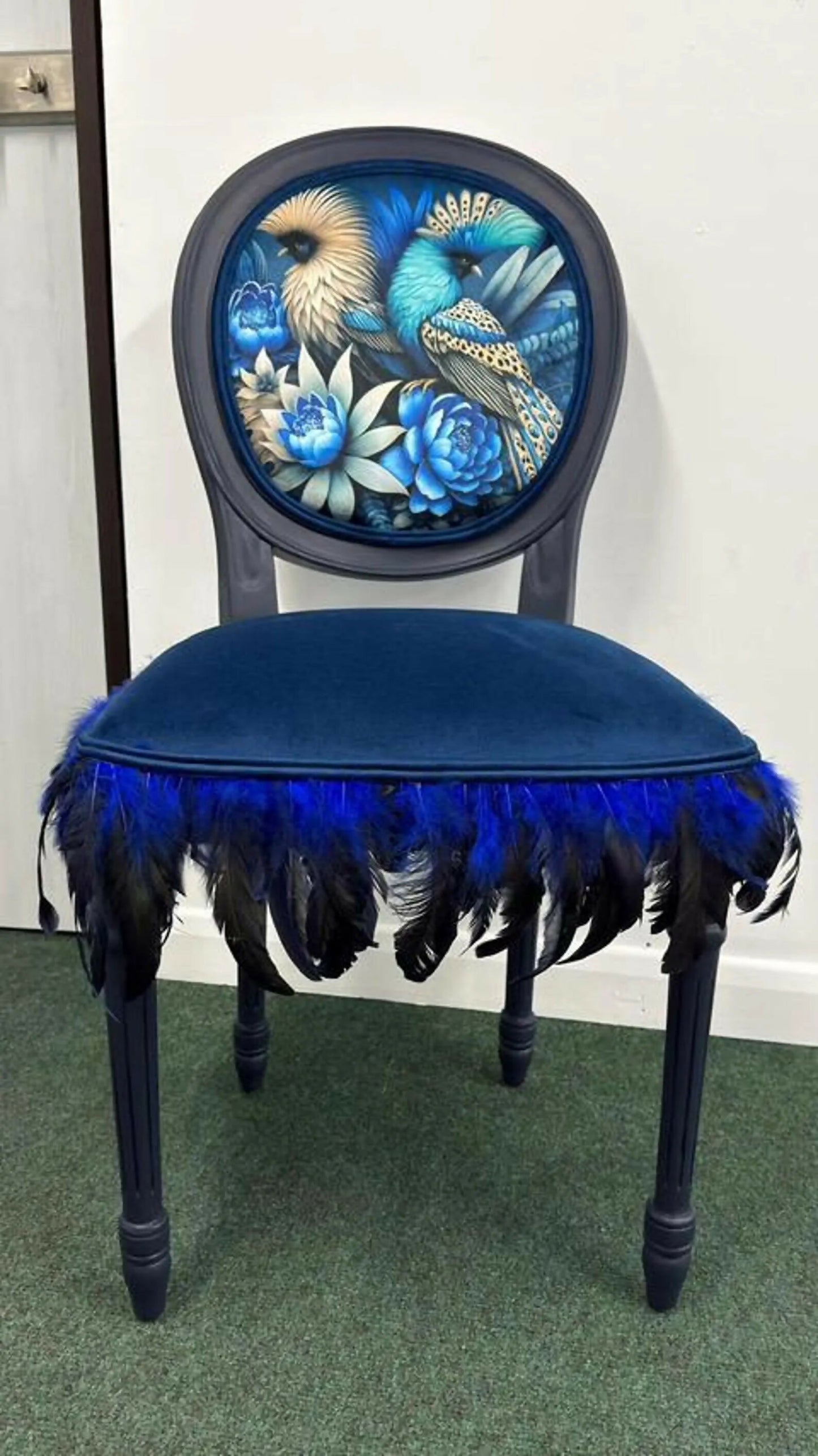 Bespoke Vintage Blue Bird Chair. One of a Kind Velvet and Feather Detailing. Artist Designed Chair