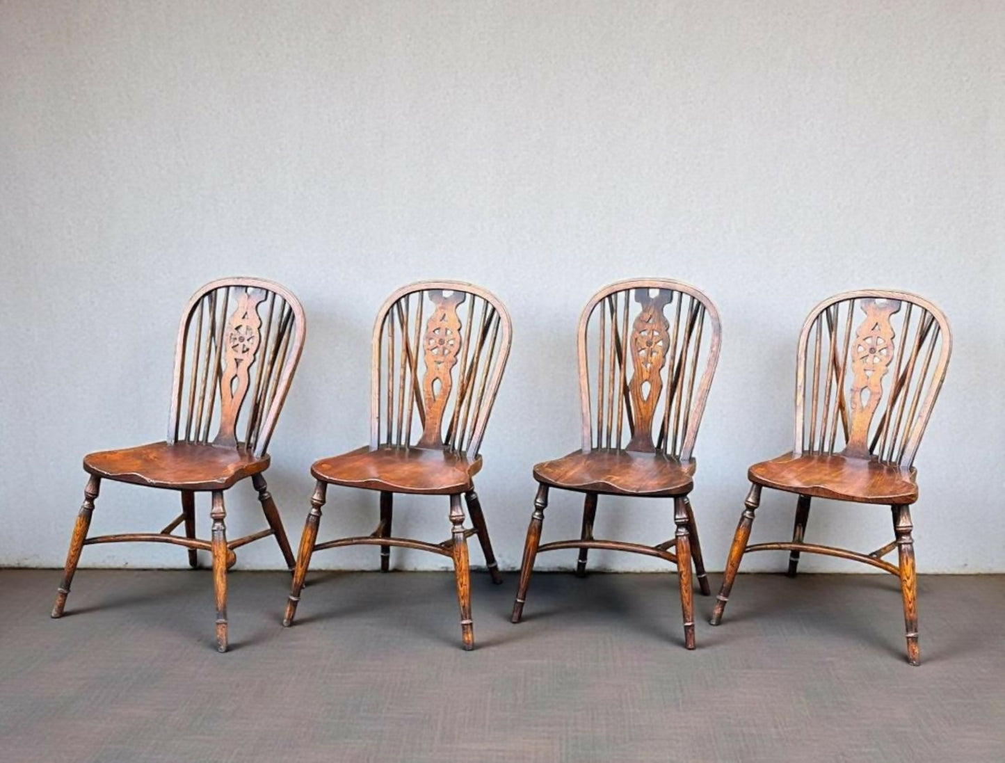 Set of Four Elm Windsor Wheel Back Chairs