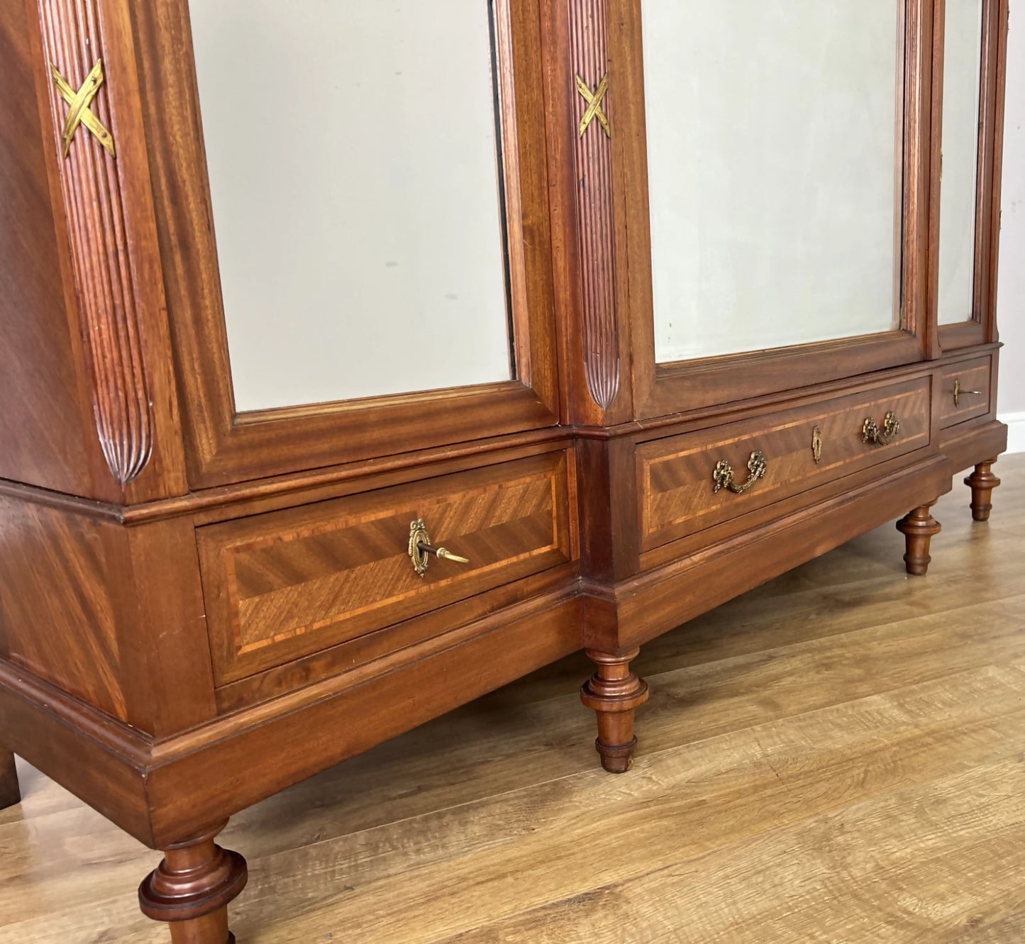 Wardrobe Antique French Style Three Door Inlaid Burr Mirrored Armoire LOT 6163
