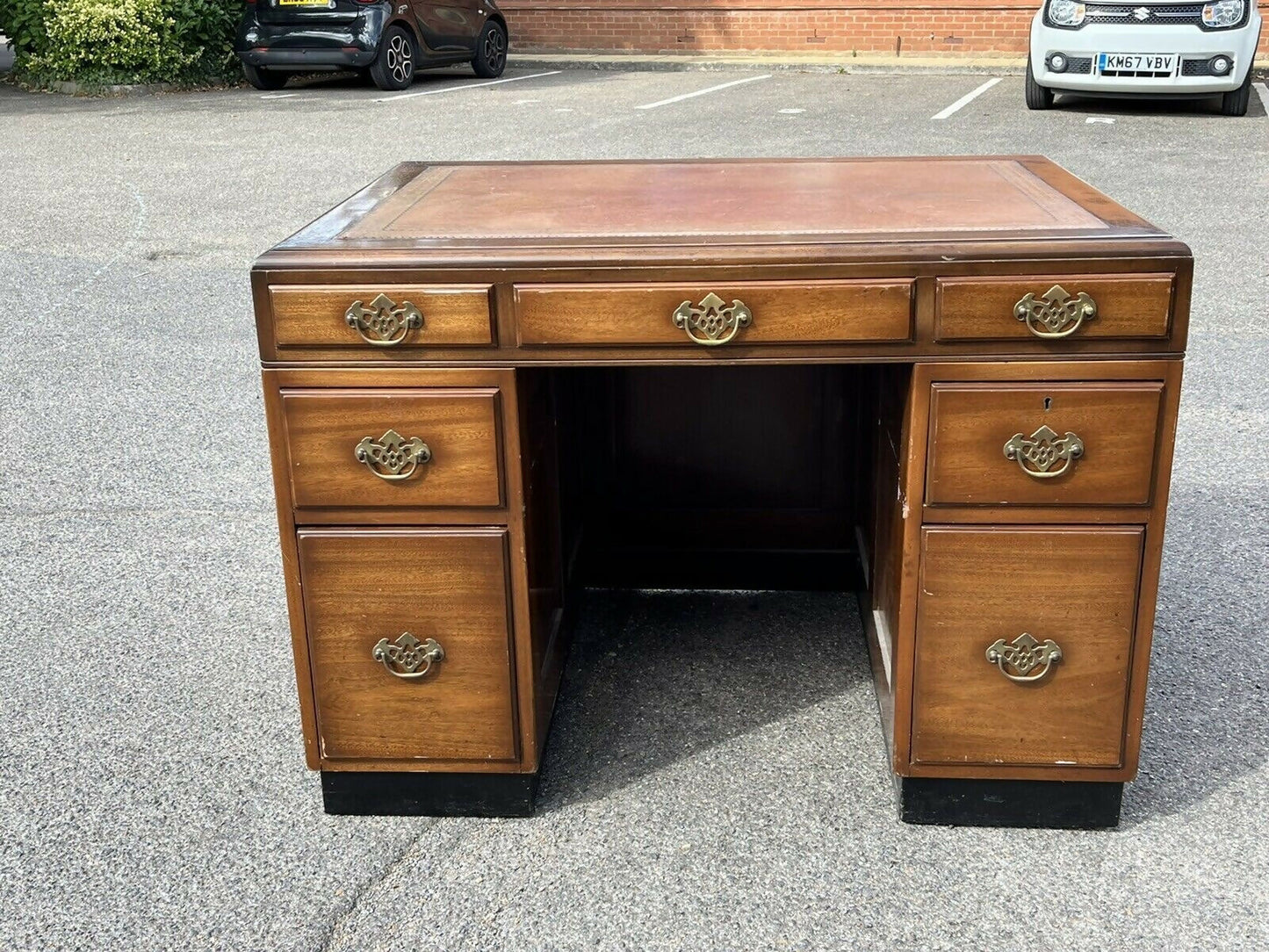 Mahogany Desk, Brass Handles, Panelled Sides & Rear.