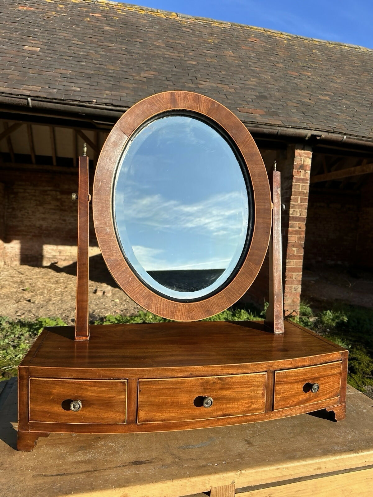 Antique Georgian Large Mahogany Tilting Oval Vanity Dressing Table Mirror