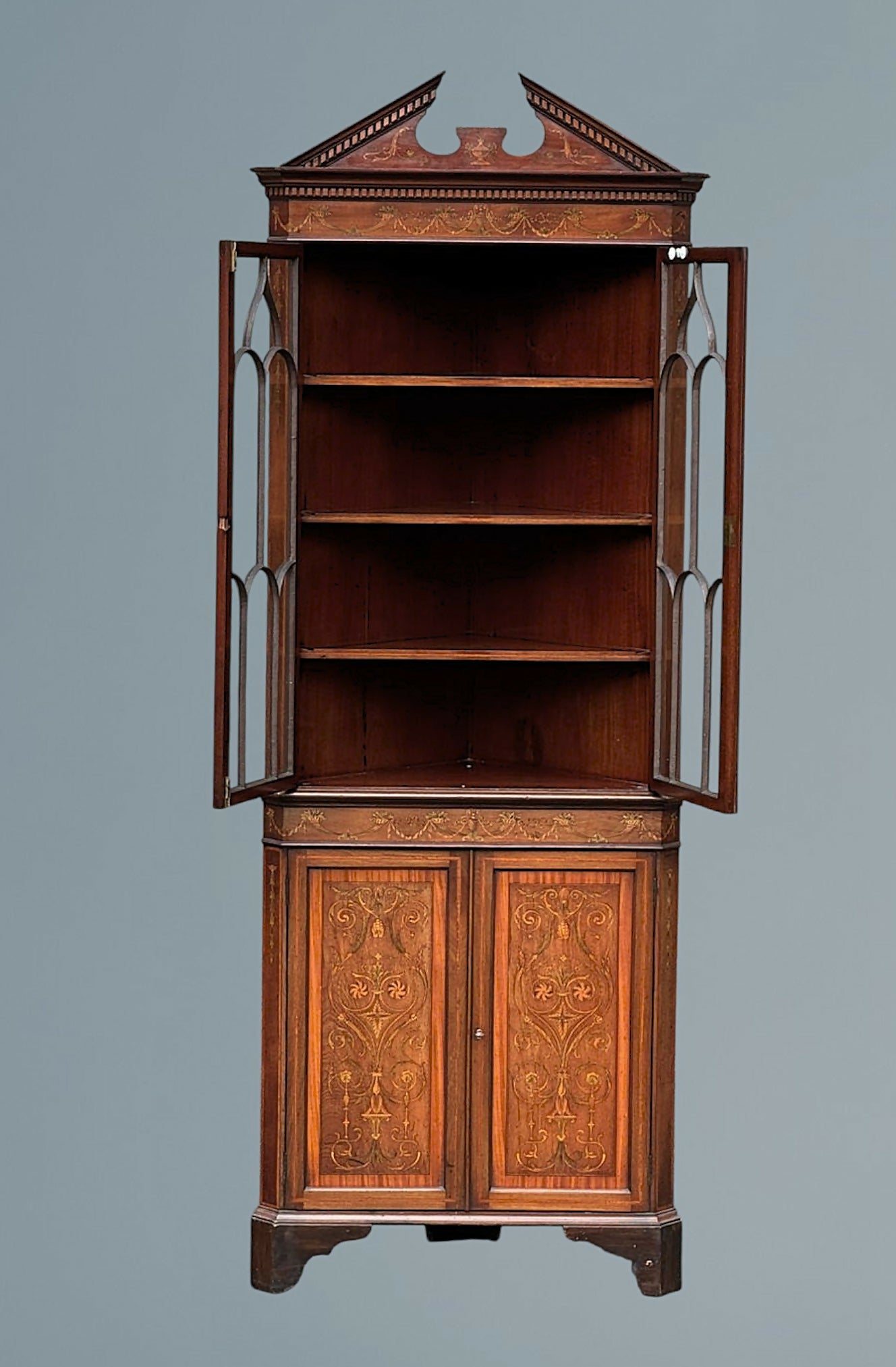 An Edwardian Mahogany, Satinwood and Marquetry Inlaid Corner Cabinet