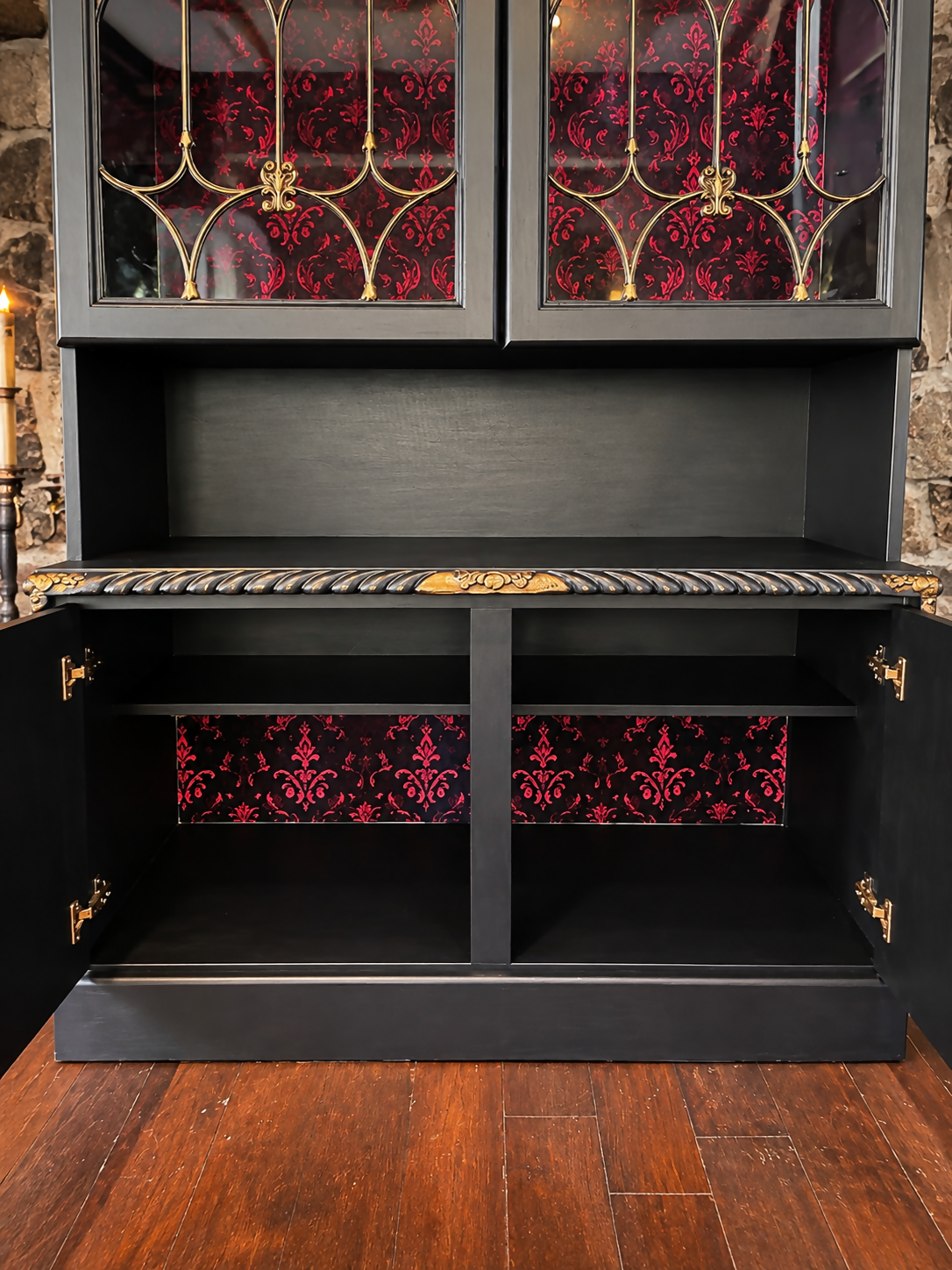 Gothic Black & Antique Gold Glazed Display Cabinet | Drinks & Cocktail Cabinet
